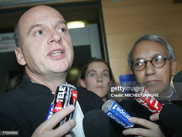 Maurice Agnelet's lawyers Francois Saint-Pierre and Jean-Pierre Versini , answer journalists' questions at the courthouse of Aix-en-Provence,...