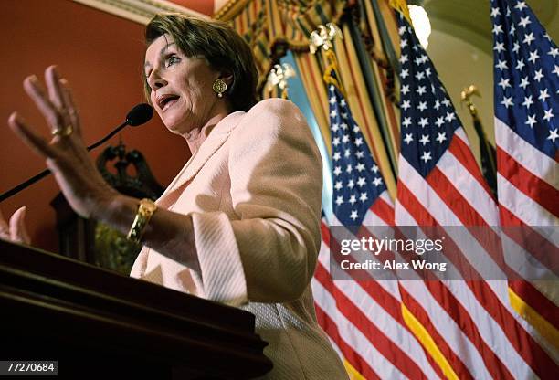 Speaker of the House Rep. Nancy Pelosi speaks to the media during her weekly news briefing October 11, 2007 on Capitol Hill in Washington, DC. Pelosi...