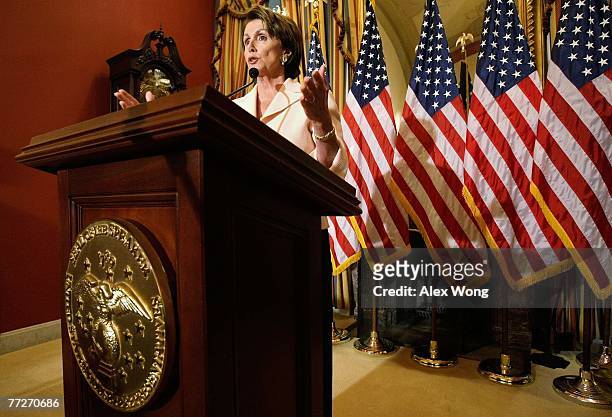 Speaker of the House Rep. Nancy Pelosi speaks to the media during her weekly news briefing October 11, 2007 on Capitol Hill in Washington, DC. Pelosi...
