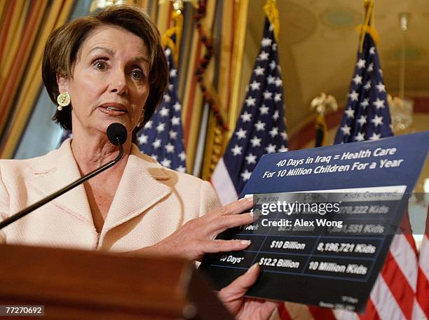 Speaker of the House Rep. Nancy Pelosi holds a chart as she speaks during her weekly news briefing October 11, 2007 on Capitol Hill in Washington,...