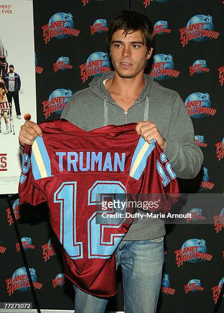 Actor Matthew Lawrence promotes his role in "The Comebacks" by donating the football jersey he wore in the film at Planet Hollywood Times Square on...
