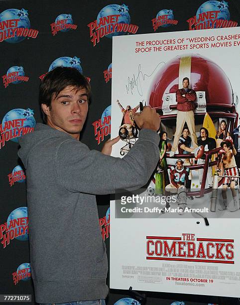 Actor Matthew Lawrence promotes his role in "The Comebacks" by donating the football jersey he wore in the film at Planet Hollywood Times Square on...