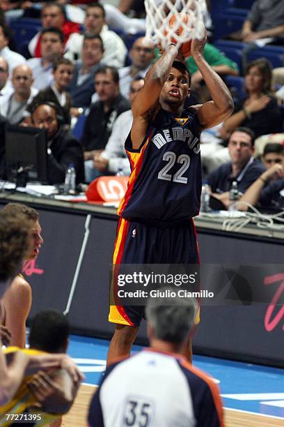 Rudy Gay shoots during Memphis Grizzlies versus the Estudiante Madrid game during the EA Sports NBA Europe Live Tour at Palacio de Deportes on...