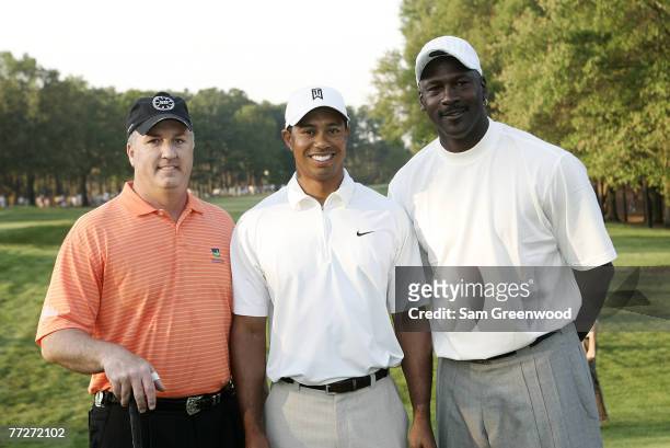 Skipper Beck , Tiger Woods and Michael Jordan, during the Pro-Am prior to the 2007 Wachovia Championship held at Quail Hollow Country Club in...