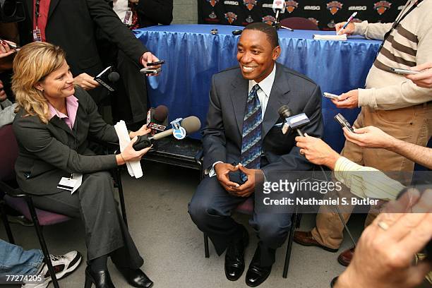 President and Head Coach Isiah Thomas of the New York Knicks speaks to the media prior to the game between the Maccabi Elite Tel Aviv and New York...