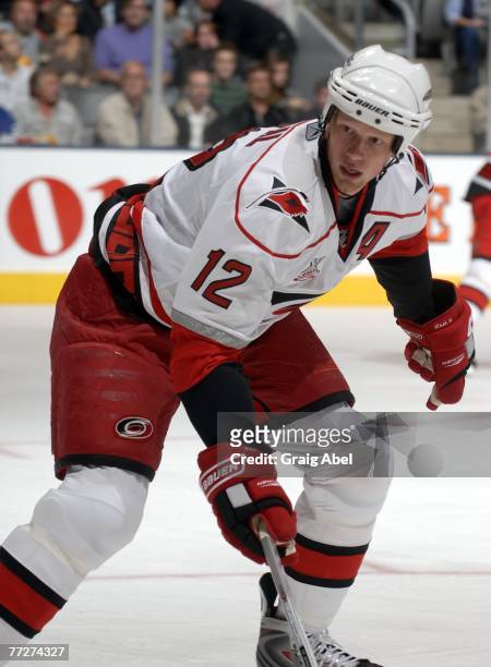 Eric Staal of the Carolina Hurricanes skates against the Toronto Maple Leafs on October 9, 2007 at the Air Canada Centre in Toronto, Ontario, Canada.