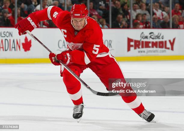 Nicklas Lidstrom of the Detroit Red Wings skates in a game against the Calgary Flames on October 10, 2007 at the Joe Louis Arena in Detroit,...