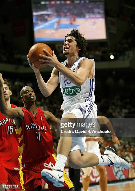 Sergio Llull of Real Madrid goes for a basket during the NBA Europe Live Tour match between Real Madrid and Toronto Raptors at the Palacio de los...