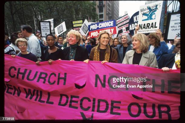 National Abortion and Reproductive Rights Action League leader Kelli Conlin, feminist Gloria Steinem, actress Olympia Dukakis and other protestors...