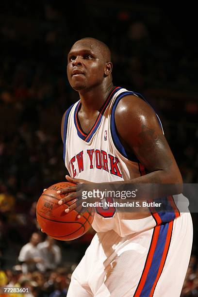 Zach Randolph of the New York Knicks shoots during the game against Maccabi Elite Tel Aviv at Madison Square Garden October 11, 2007 in New York...