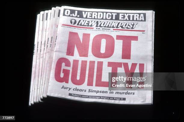 The New York Post displays a "Not Guilty!" headline October 3, 1995 in New York City. Orenthal James Simpson was on trial for the murder of his...