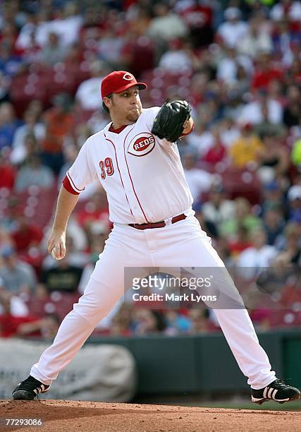 Aaron Harang of the Cincinnati Reds delivers the pitch during the MLB game against the Chicago Cubs on September 29, 2007 at Great American Ballpark...