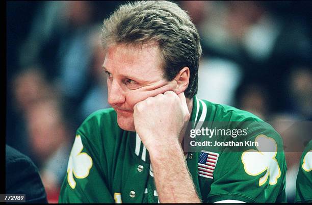 Basketball player Larry Bird sits during a basketball game February 15, 1991 in Chicago, IL. Bird played for the Boston Celtics, helped them to win...