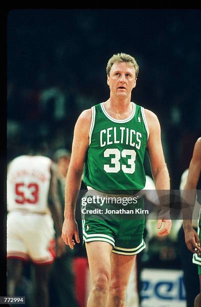 Basketball player Larry Bird stands during a basketball game February 15, 1991 in Chicago, IL. Bird played for the Boston Celtics, helped them to win...