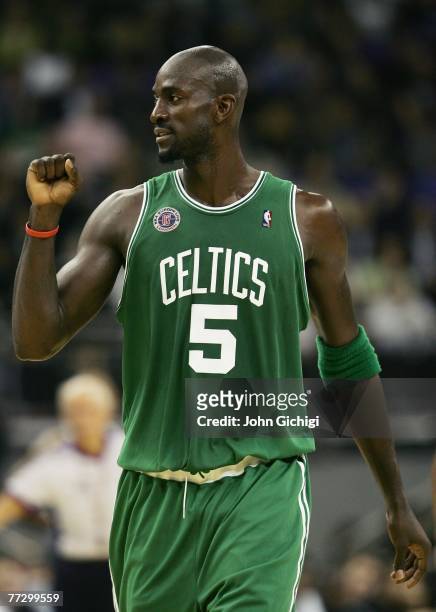 Kevin Garnett of Boston reacts during NBA Europe Live 2007 Tour match between the Boston Celtics and the Minnesota Timberwolves at the O2 Arena on...