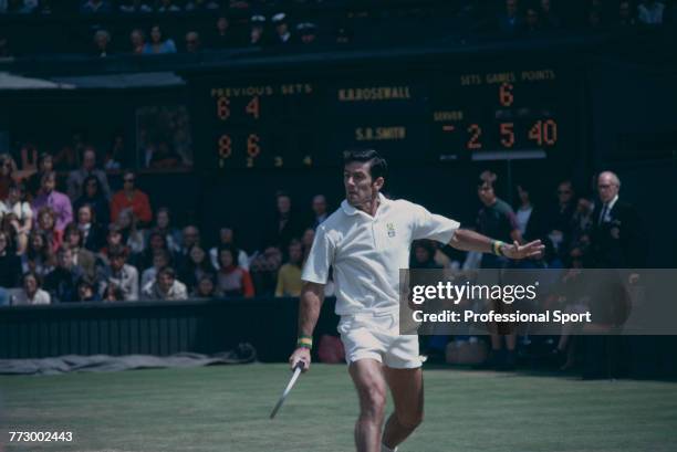 Australian tennis player Ken Rosewall pictured in action against American tennis player Stan Smith in the semifinals of the Men's Singles tournament...