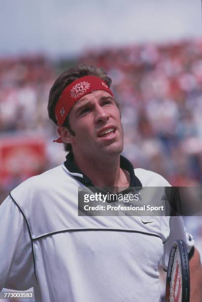 Canadian born British professional tennis player Greg Rusedski pictured during competition in a tennis tournament circa 1997.