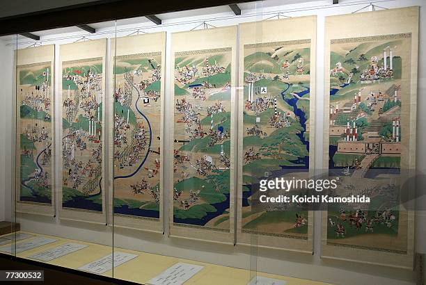 Panels from an old folding screen on display inside Nakatsu-Jo Castle on October 12, 2007 in Nakatsu, Oita Prefecture, Japan. Due to the cost of...