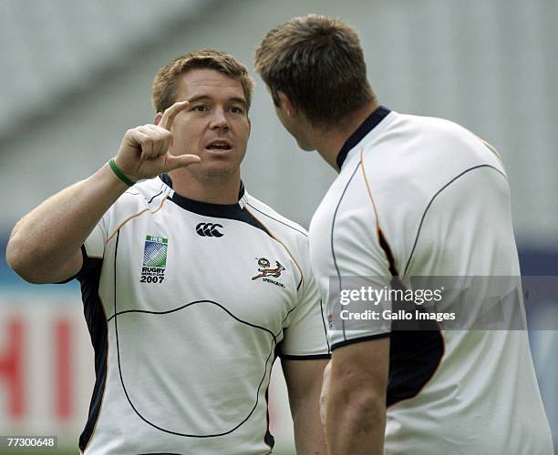 Bakkies Botha and John Smit during the Springboks captain's run on October 12, 2007 at Stade de France in Paris, France.