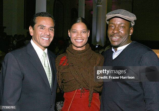 Mayor of Los Angeles Antonio Villaraigosa poses with Alicia Etheredge and singer Bobby Brown at 2008 Spring Collection during Box Eight's "Have Faith...