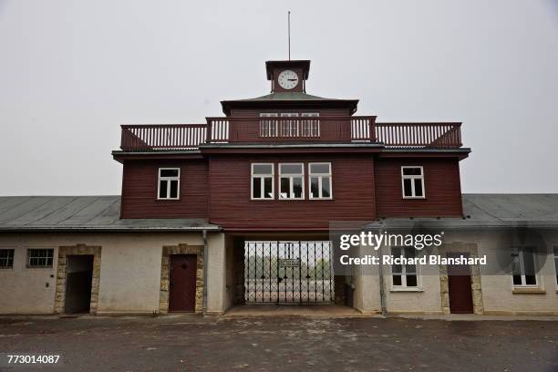 The main gatehouse at the entrance to the Buchenwald German Nazi concentration camp near Weimar, Germany, 2014. The site is now a museum and...