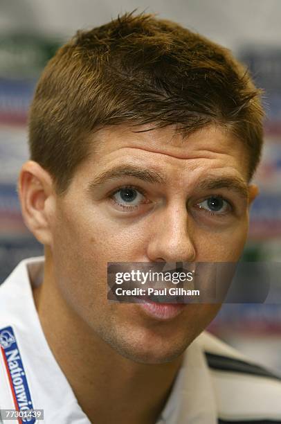 Steven Gerrard of England talks to the media during an England press conference at Arsenal's London Colney Training Ground on October 12, 2007 in...