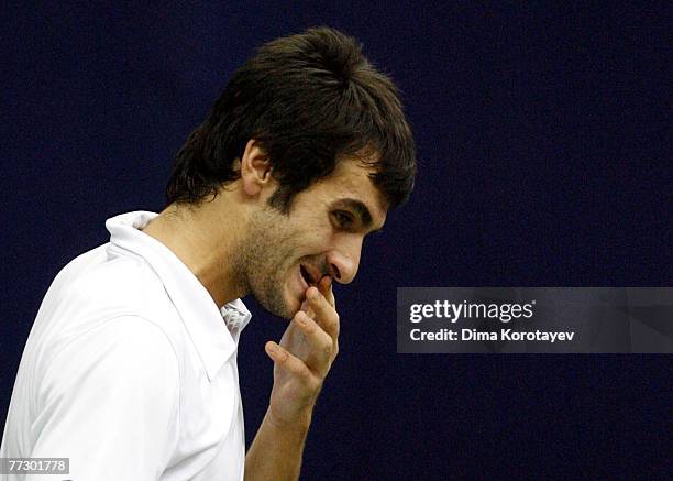 Florent Serra of France reacts during XVIII International Tennis Tournament Kremlin Cup 2007 on October 12, 2007 in Moscow, Russia.