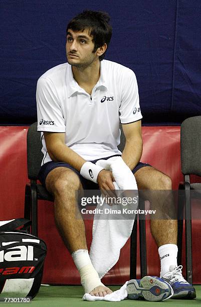 Florent Serra of France looks on during XVIII International Tennis Tournament Kremlin Cup 2007 on October 12, 2007 in Moscow, Russia.