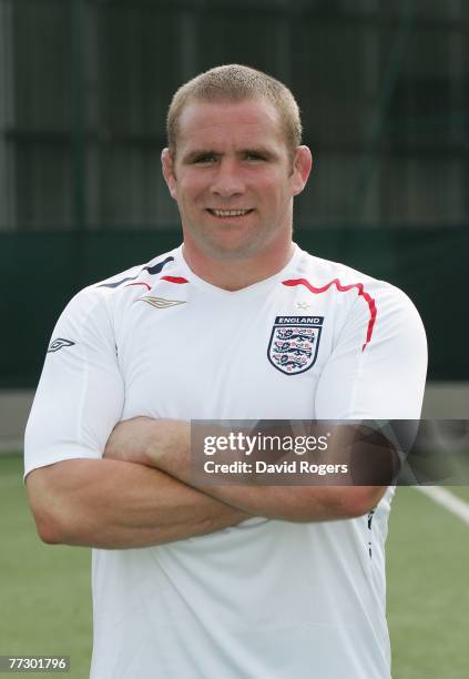 Phil Vickery, the England rugby captain wears the England football shirt as both England teams play vital games tomorrow pictured at the Courbevoie...