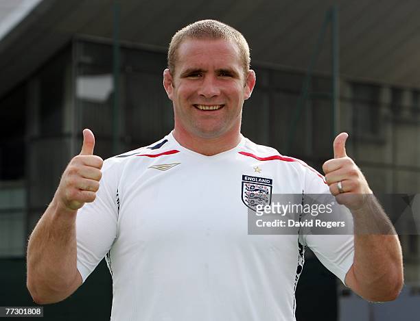 Phil Vickery, the England rugby captain wears the England football shirt as both England teams play vital games tomorrow pictured at the Courbevoie...
