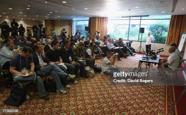 England head coach Brian Ashton and captain Phil Vickery speak to the media during the England press conference at the Marriot Hotel on 12 October,...