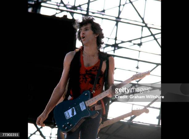 Guitarist Keith Richards of the Rolling Stones performing at Ashton Gate football stadium, Bristol, 27th June 1982.