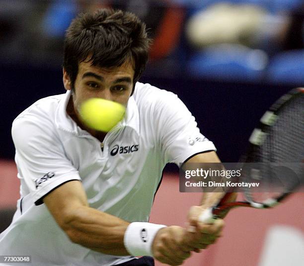 Florent Serra of France in action against Paul-Henri Mathieu of France during the XVIII International Tennis Tournament Kremlin Cup 2007 on October...