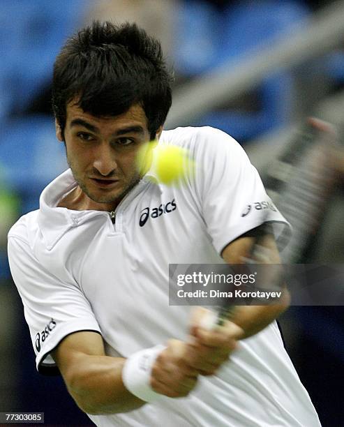 Florent Serra of France in action against Paul-Henri Mathieu of France during the XVIII International Tennis Tournament Kremlin Cup 2007 on October...