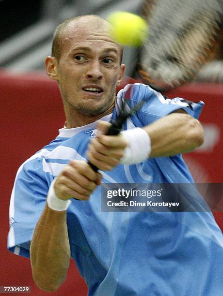 Nikolay Davydenko of Russia in action against Igor Andreev of Russia during XVIII International Tennis Tournament Kremlin Cup 2007 on October 12,...