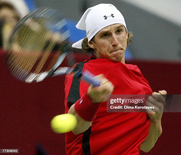 Igor Andreev of Russia in action against Nikolay Davydenko of Russia during XVIII International Tennis Tournament Kremlin Cup 2007 on October 12,...