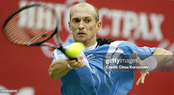 Nikolay Davydenko of Russia in action against Igor Andreev of Russia during XVIII International Tennis Tournament Kremlin Cup 2007 on October 12,...