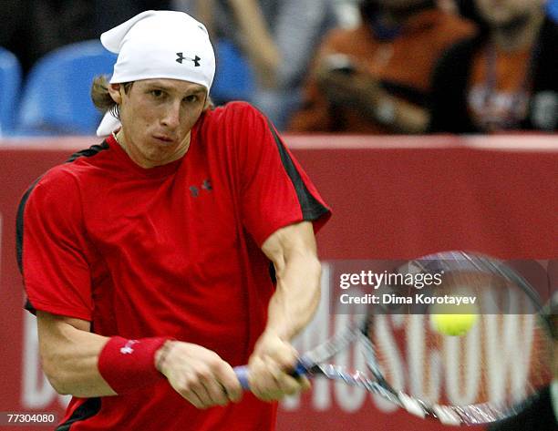 Igor Andreev of Russia in action against Nikolay Davydenko of Russia during XVIII International Tennis Tournament Kremlin Cup 2007 on October 12,...