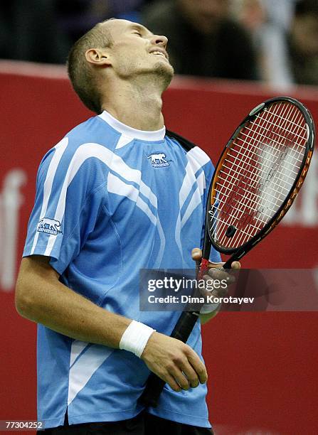 Nikolay Davydenko of Russia reacts during XVIII International Tennis Tournament Kremlin Cup 2007 on October 12, 2007 in Moscow, Russia.