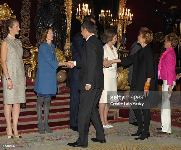 Infanta Elena, Princess Letizia of Spain, Prince Felipe of Spain and Queen Sofia of Spain greet Jose Luis Rodriguez Zapetero, Sonsoles Espinosa and...