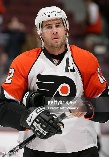 Simon Gagne of the Philadelphia Flyers skates during their game against the Vancouver Canucks at General Motors Place on October 10, 2007 in...