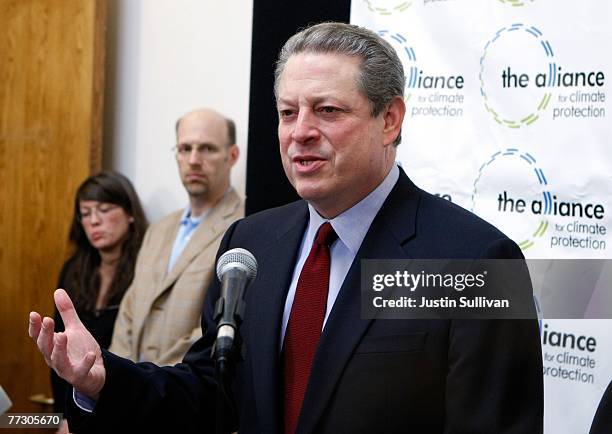 Former U.S. Vice president Al Gore speaks to reporters during a news conference discussing his Nobel Peace Prize win at the offices of Alliance for...