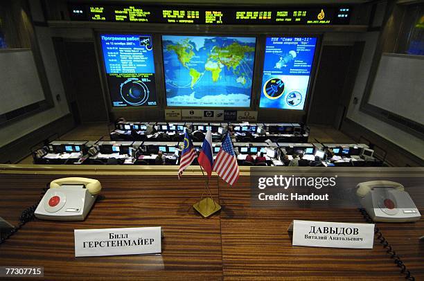 The flags of Malaysia, Russia and the United States sit between the phones used by officials to talk to the crew of the International Space Station...