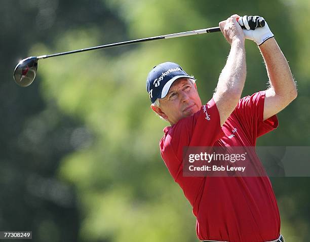 Hale Irwin swings during the first round of the Administaff Small Business Classic at Augusta Pines Golf Course October 12, 2007 in Spring, Texas.