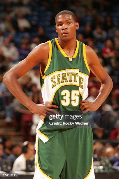 Kevin Durant of the Seattle SuperSonics looks across the court during the game against the Sacramento Kings at Arco Arena on October 9, 2007 in...