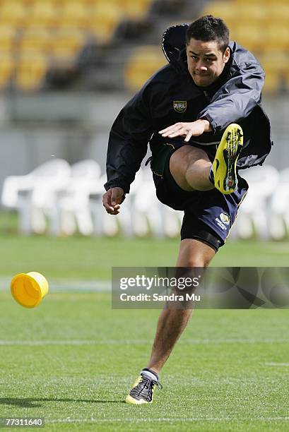 Jarryd Hayne kicks the ball during the Australian Kangaroos captain's run at Westpac Stadium on October 13, 2007 in Wellington, New Zealand.