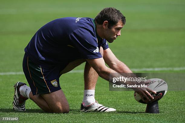 Cameron Smith lines the ball up to kick during the Australian Kangaroos captain's run at Westpac Stadium on October 13, 2007 in Wellington, New...