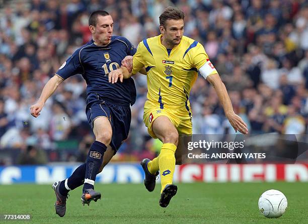 Sotland's Scott Brown vies with Ukraine's Andriy Shevchenko during their Euro 2008 Championship Qualifying Group B football match at Hampden Park in...
