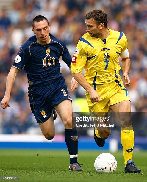 Scott Brown of Scotland tackles Andriy Shevchenko of Ukraine during the Euro 2008 Group B qualifying match between Scotland and Ukraine at Hampden...