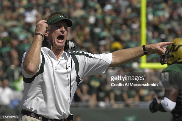 Coach Jim Leavitt of the University of South Florida Bulls yells after a play against the University of Central Florida Knights at Raymond James...